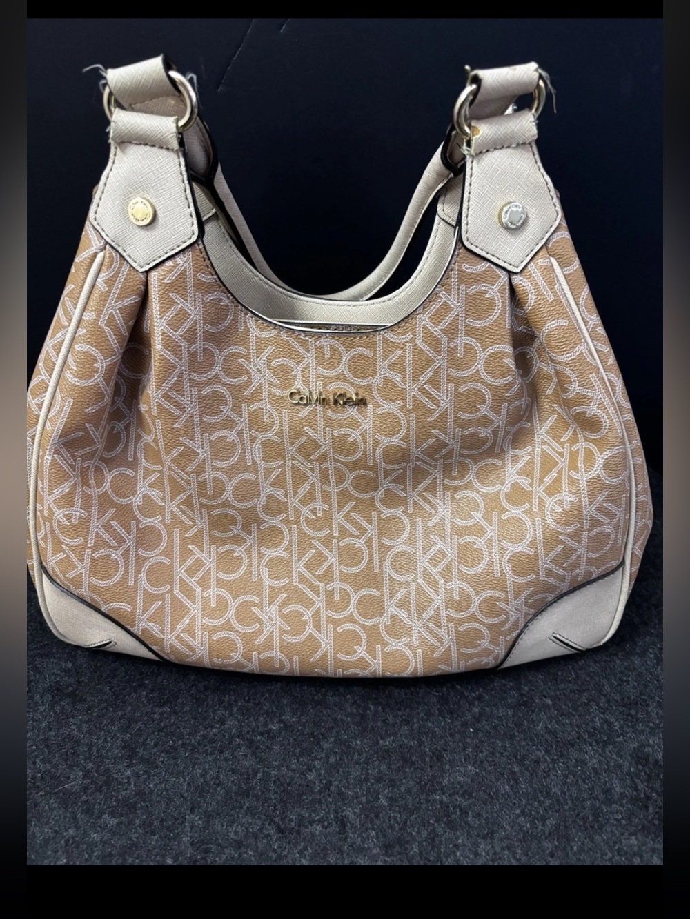 Calvin Klein CK Monogram Hobo Shoulder Bag Beige Tan Logo Handbag Purse